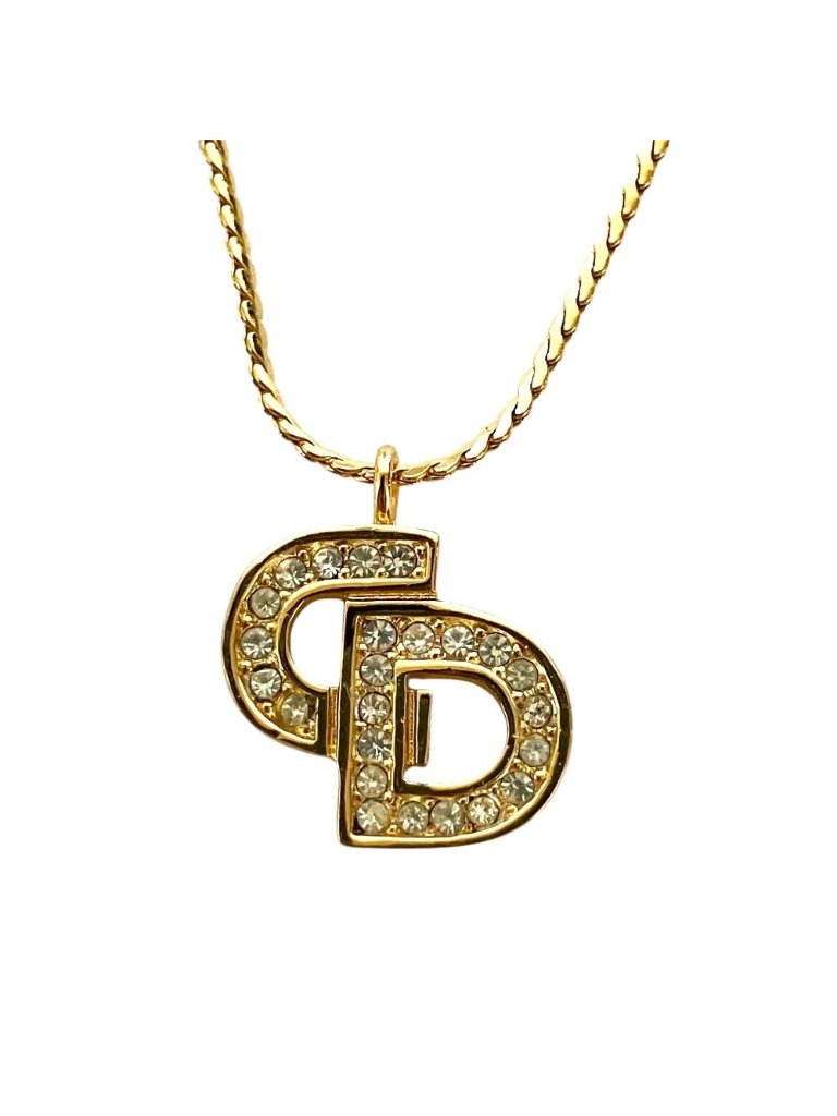 Dior Vintage Logo Rhinestone Necklace Gold Plated Pre Owned